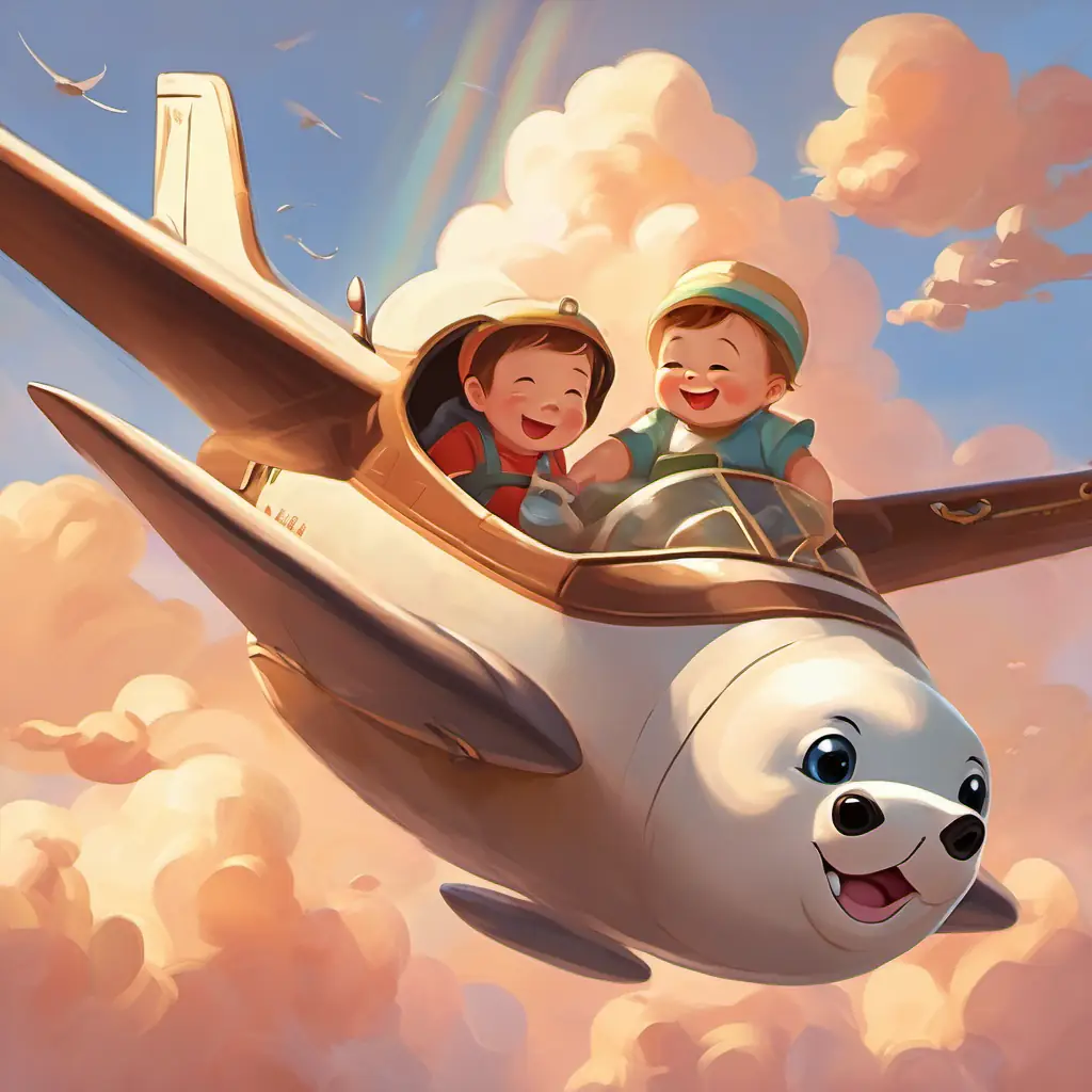 Luka and the Seehund are in a shiny airplane high up in the clouds with the sun shining brightly, and they are both laughing and smiling.
