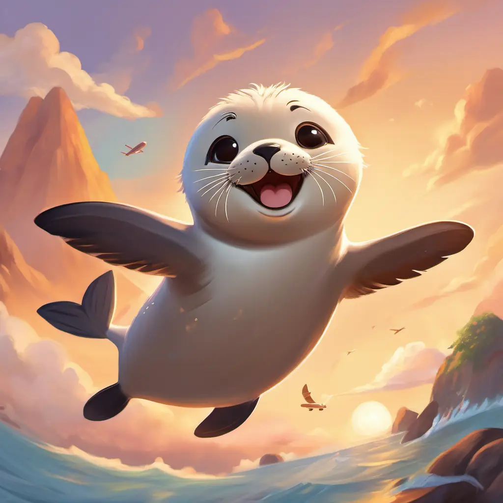 The Seehund is flying the plane with one paw while making playful plane noises, and Luka is giggling and clapping his hands with excitement.