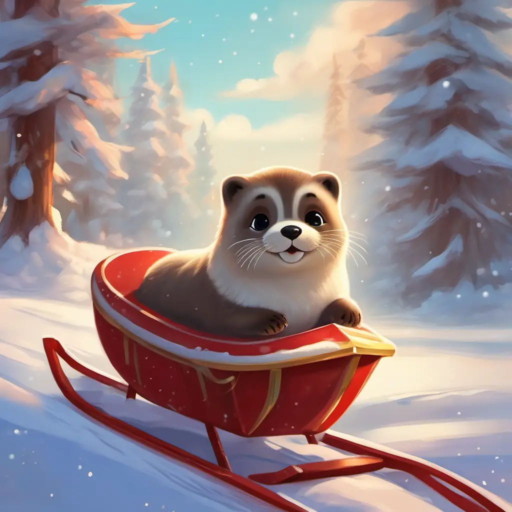 The Seehund has transformed into a large, friendly sled dog, and Luka is riding on a red sled behind the Seehund, gliding across the sparkling snow with a big smile on his face.