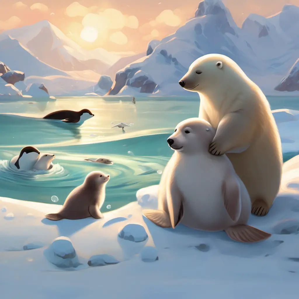 Luka and the Seehund are passing by playful polar bears, waddling penguins, and lounging seals, exchanging friendly waves and hellos in the frosty landscape.