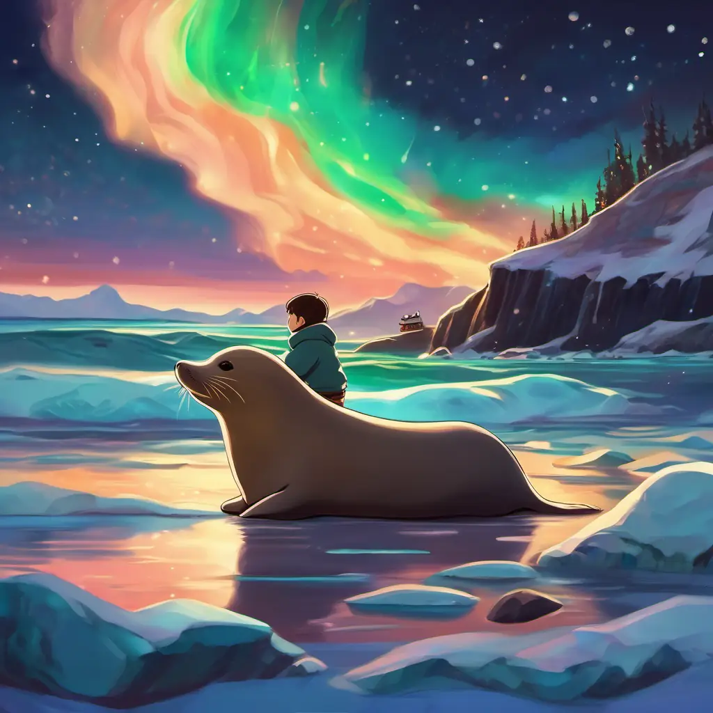 Luka and the Seehund are lying on their backs, looking up at the dazzling Northern Lights shimmering and dancing across the dark sky, filled with wonder and awe.