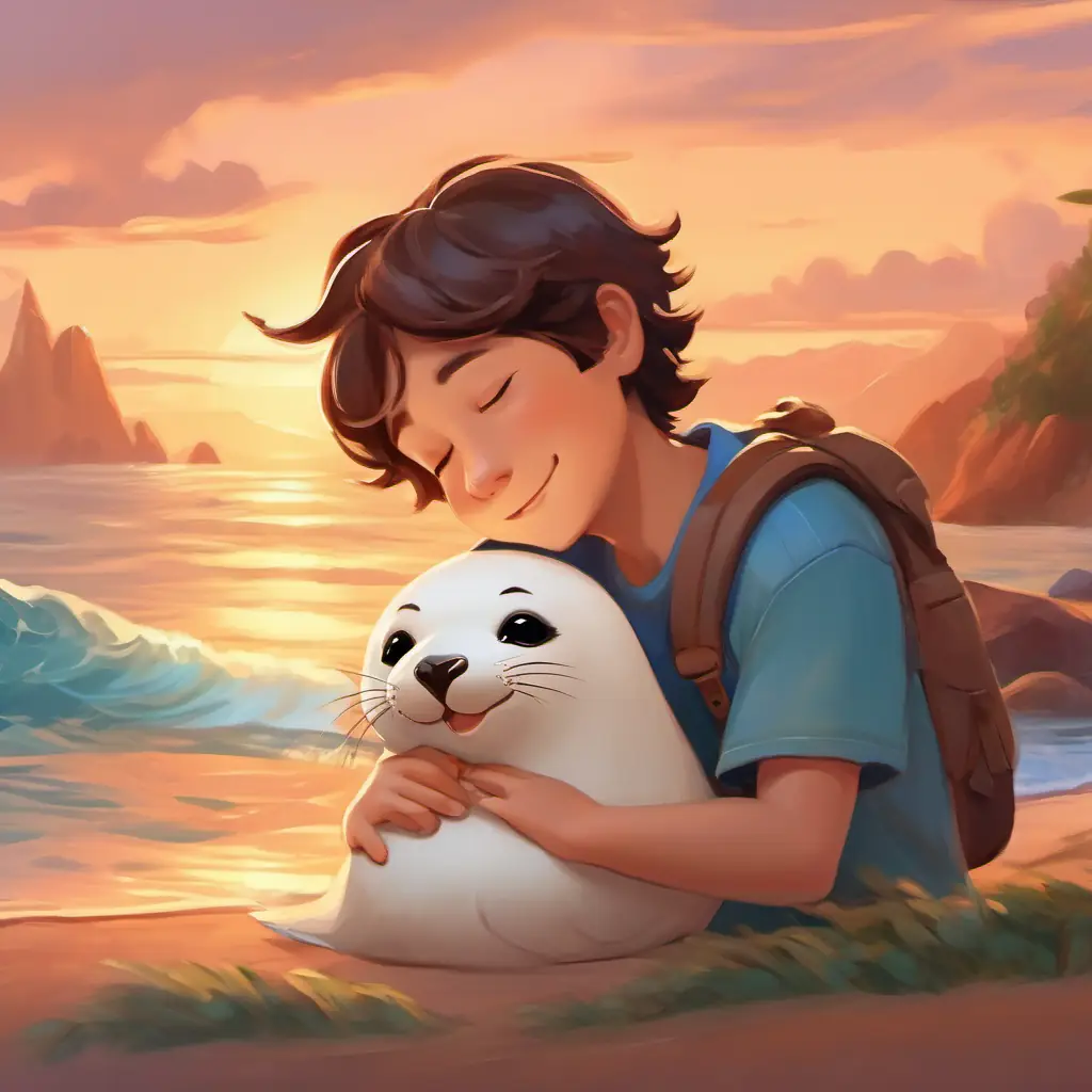Luka and the Seehund are hugging each other with a sleepy smile, showing their affection and sharing their excitement about the day's extraordinary adventure.