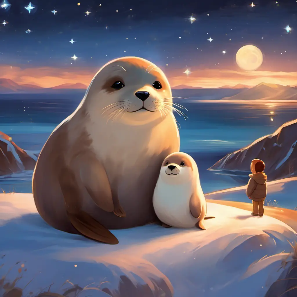 Luka and the Seehund are waving goodnight to the North Pole under the starry night sky, feeling grateful and filled with happiness for the unforgettable day.