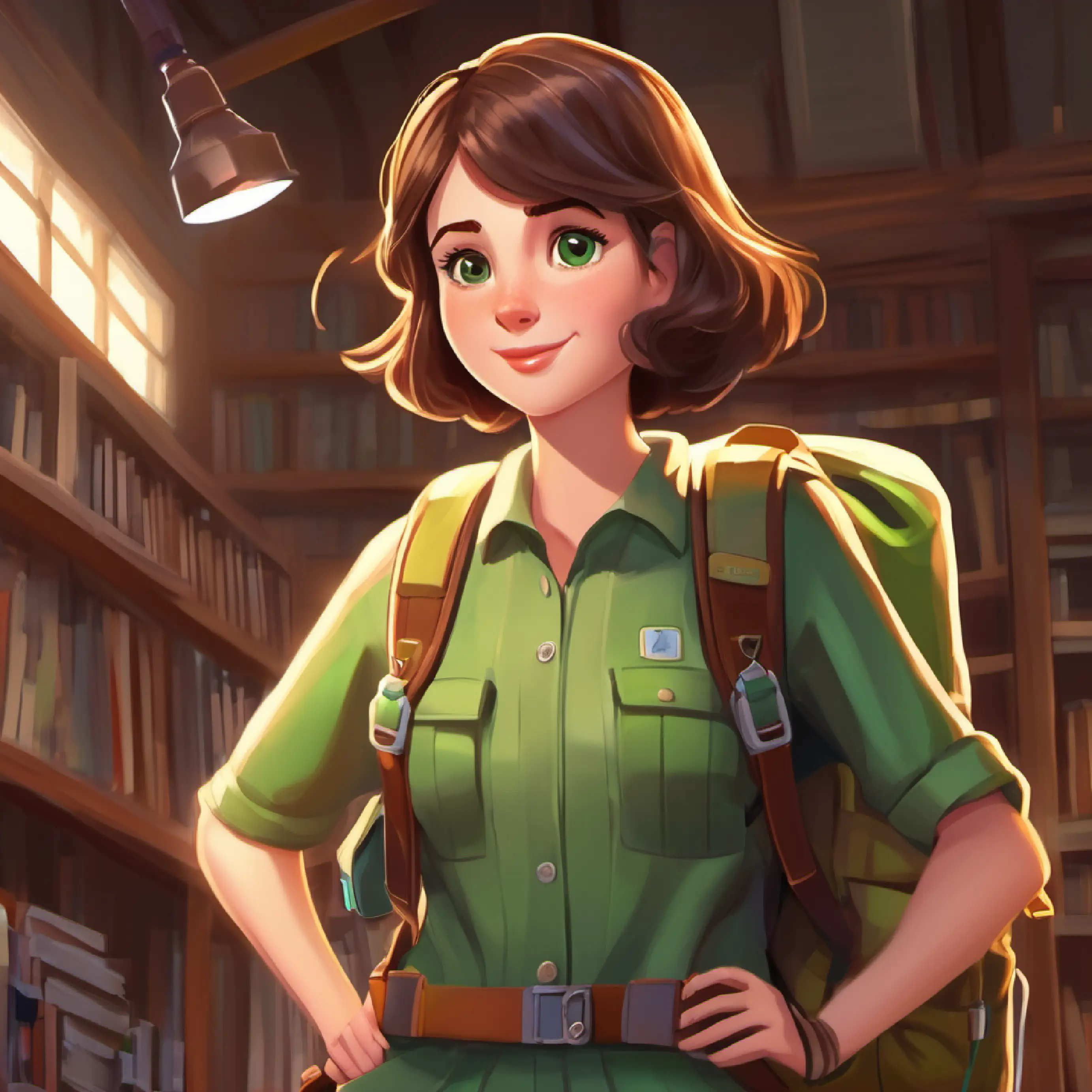 Introducing Smart girl, short brown hair, green eyes, always carrying a backpack full of tools, high school setting, secret inventor, play challenge