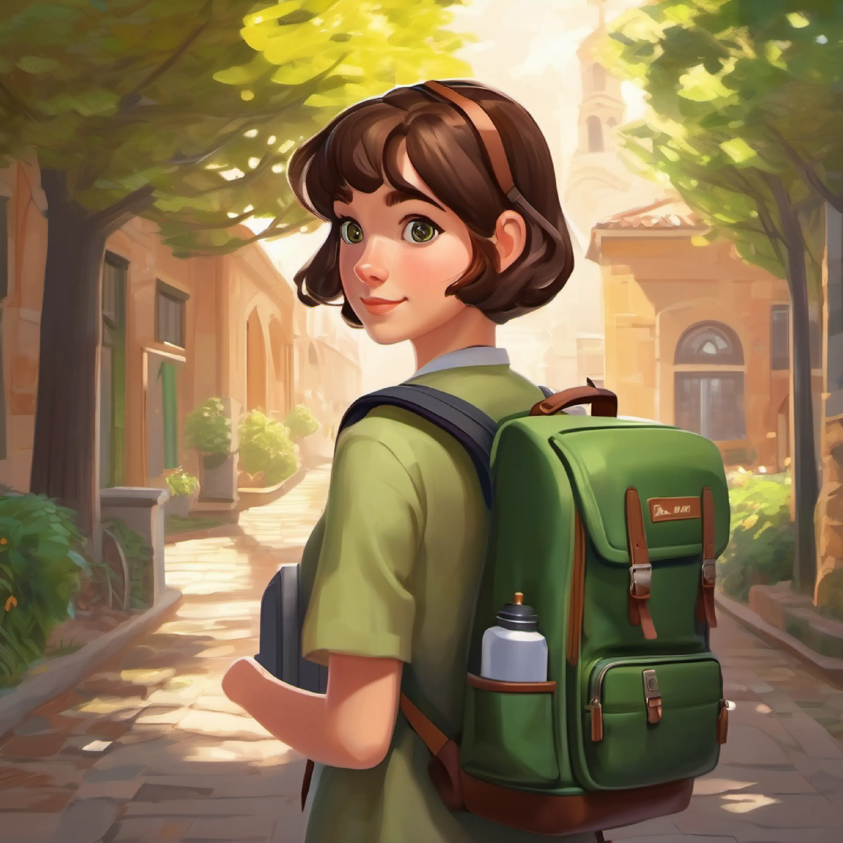 Smart girl, short brown hair, green eyes, always carrying a backpack full of tools's invention, masking identity, surprise for the school
