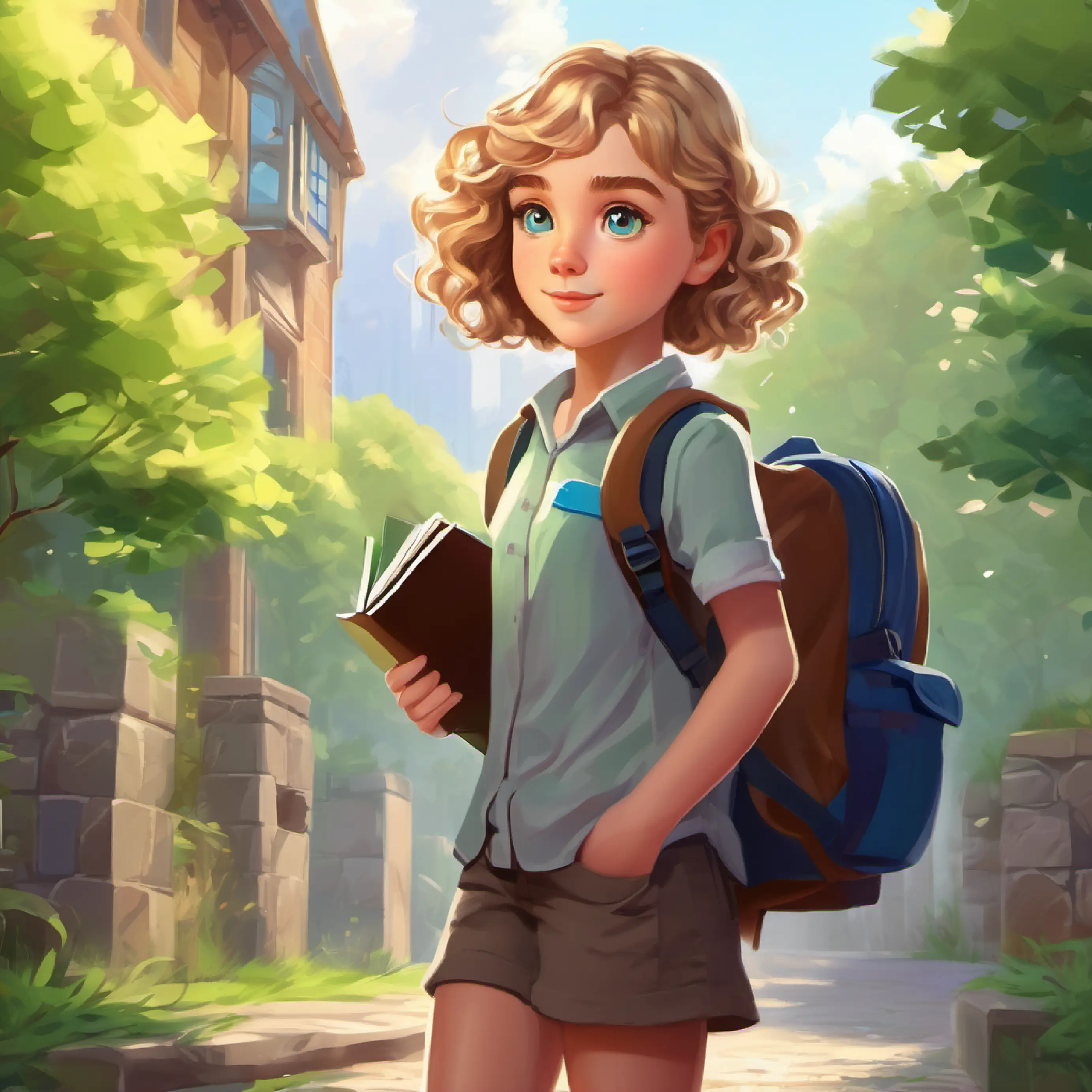 Smart girl, short brown hair, green eyes, always carrying a backpack full of tools meets Cool kid, tall, with curly blonde hair and blue eyes, often seen with a sketchbook, shared secrets, creative collaboration, promise