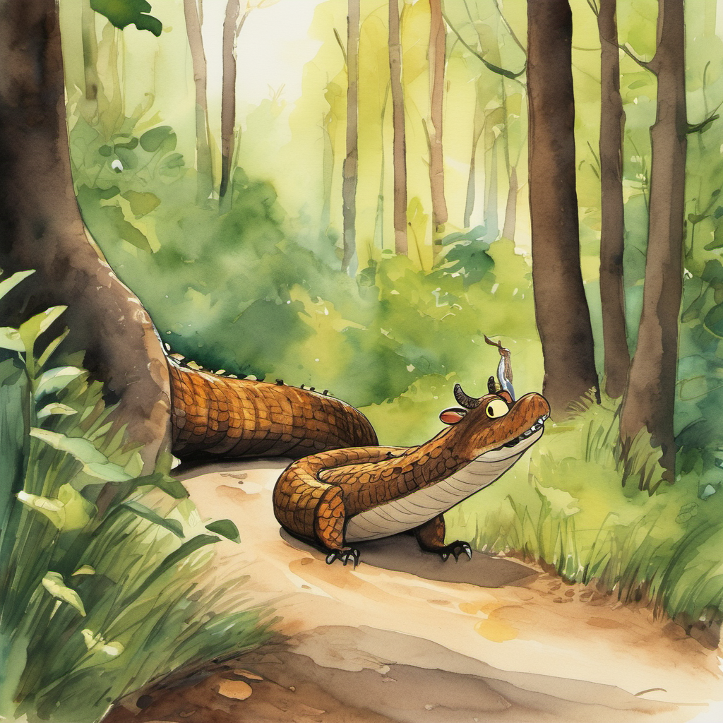 Milo continued his journey, and soon he ran into a sneaky snake. "Hello, Mr. Snake," he said with a mischievous grin. "I'm on my way to see the Gruffalo!" The snake hissed in surprise, "The Gruffalo? What's a Gruffalo, little mouse?" Milo once again described the Gruffalo, making him sound even scarier than before. "He's got venomous fangs and spikes down to his toes!" Milo exclaimed dramatically. The snake slithered away as fast as he could, not wanting to meet this dreadful creature.