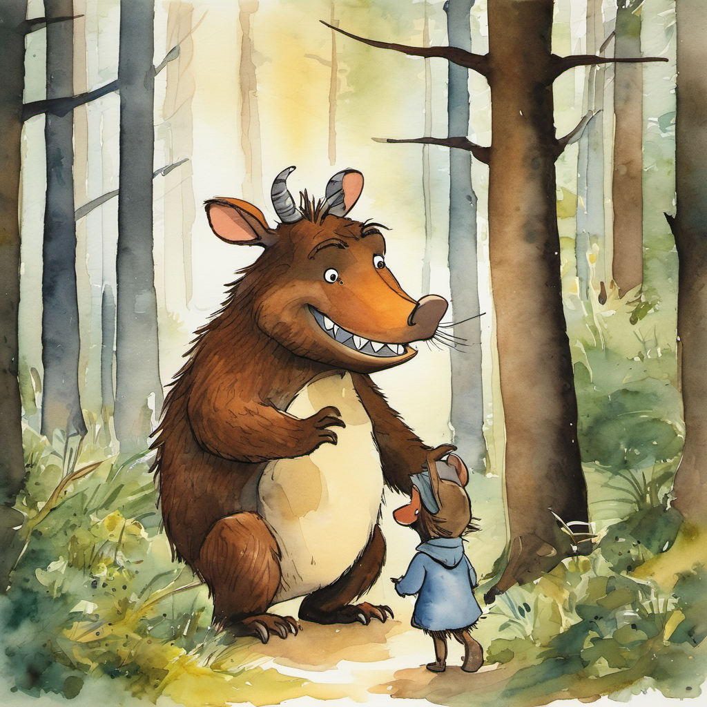 As the sun began to set, Milo reached a clearing deep in the forest. To his astonishment, standing right in front of him, was a real Gruffalo! His heart raced with fear, realizing that the monster he had invented was now a reality. "Erm... Hello there," Milo stuttered, trying to gather his wits. To his surprise, the Gruffalo responded kindly, "Why, hello little mouse. I've heard all about you."