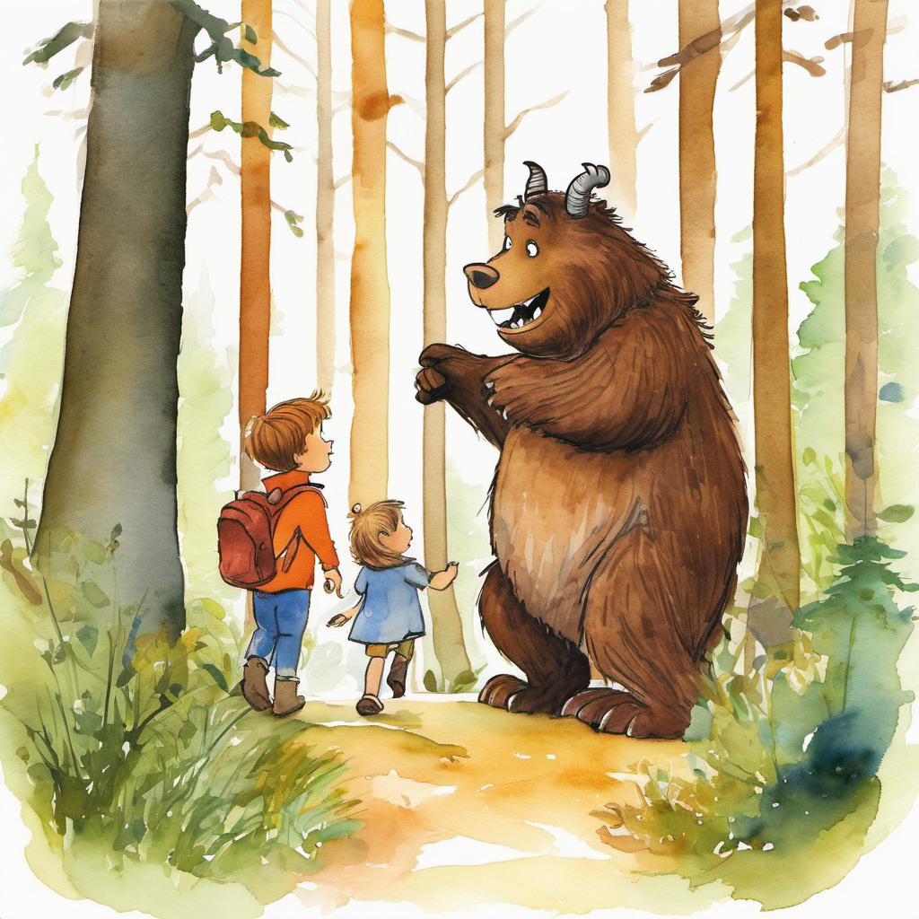 As they chatted, Milo discovered that the Gruffalo wasn't scary at all. In fact, he was quite friendly! They walked through the forest together, scaring away any predator that dared to approach them. The Gruffalo's fearsome appearance kept them safe. And so, Milo and the Gruffalo became the best of friends, exploring the forest hand in hand. From that day on, Milo knew that sometimes, using your wit and imagination could help you find the most unexpected and wonderful things in life.