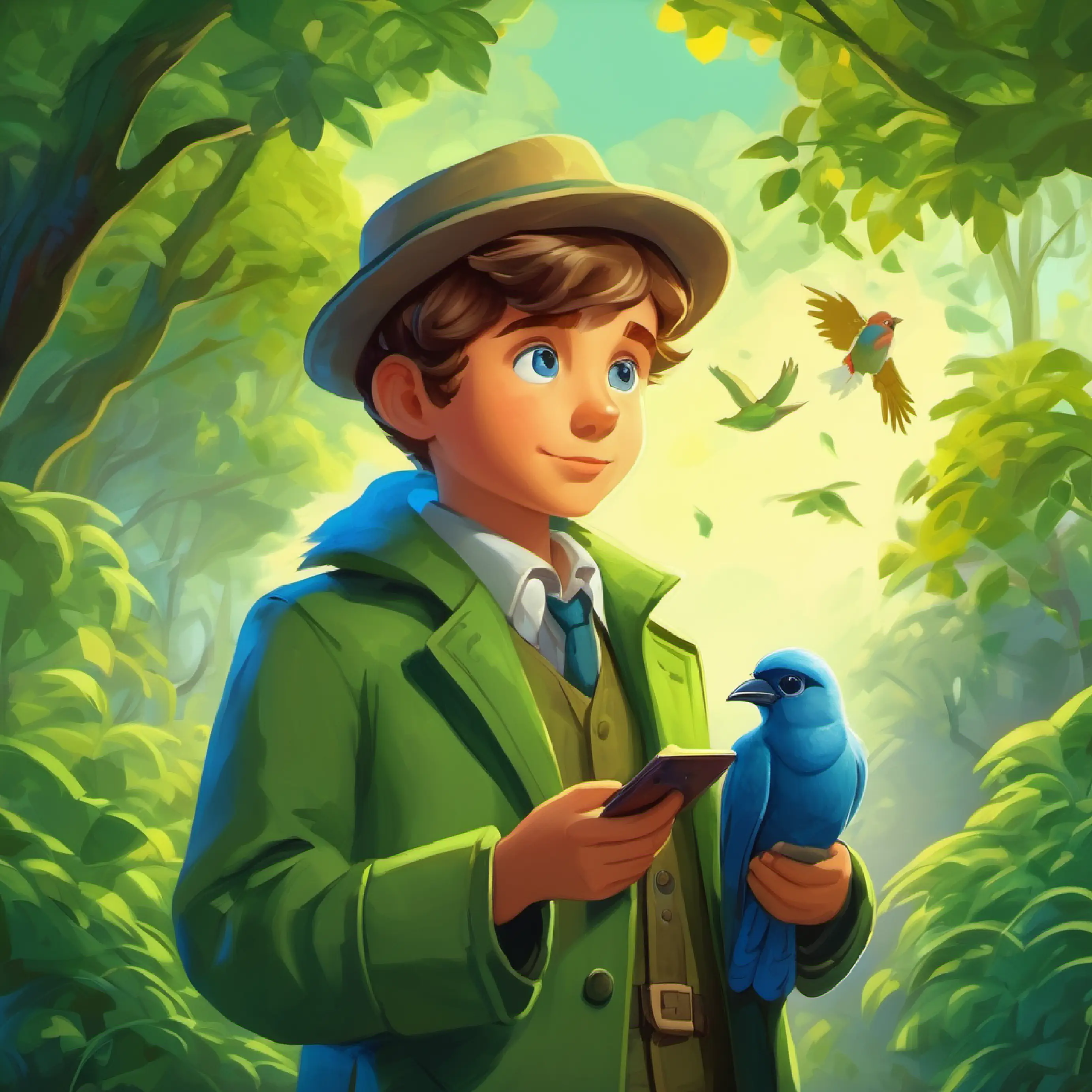 Young detective, blue eyes, loves green coat solves a riddle and receives a clue from a talking bird.