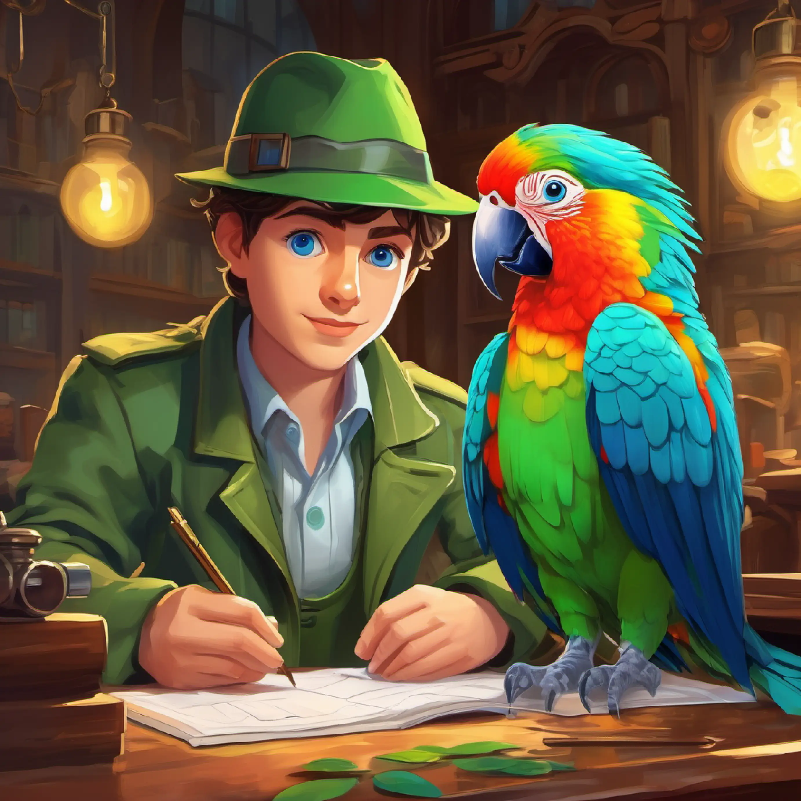 Young detective, blue eyes, loves green coat answers a parrot's quiz question and gets a key.