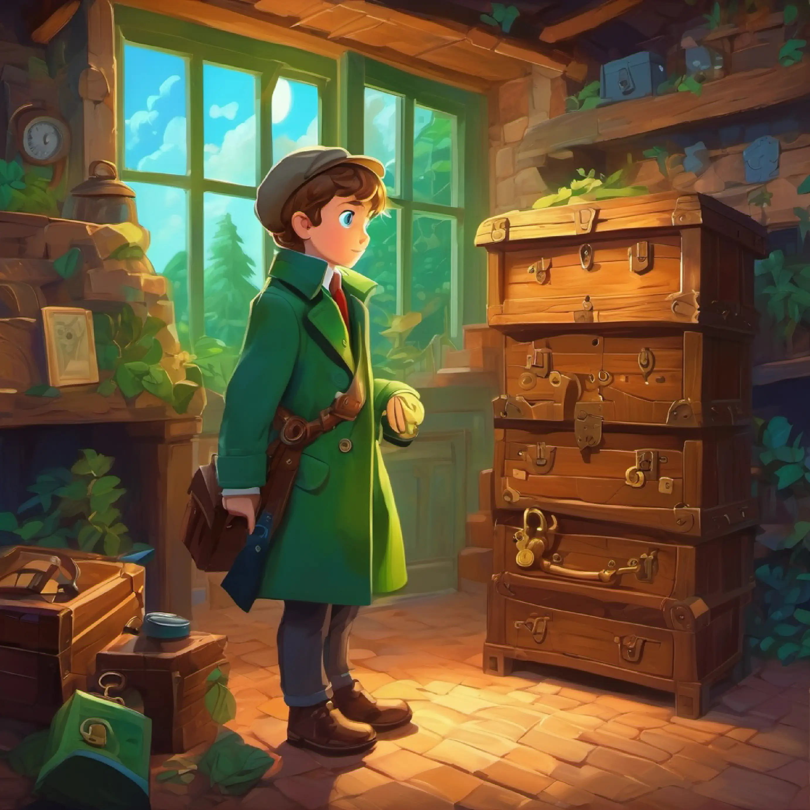 Young detective, blue eyes, loves green coat discovers a locked chest, opens it, and solves another riddle.