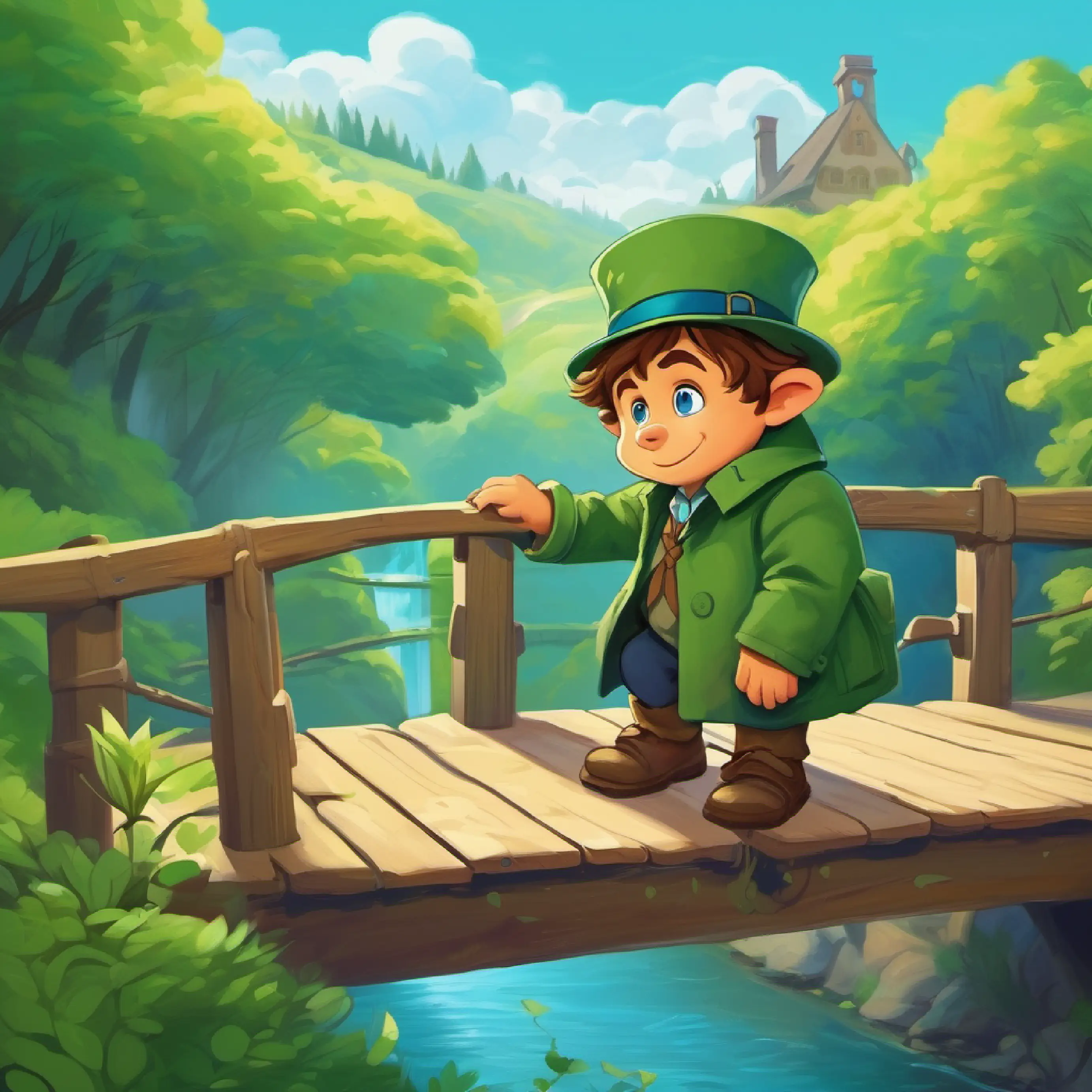 Young detective, blue eyes, loves green coat answers a troll's quiz question to cross a bridge.