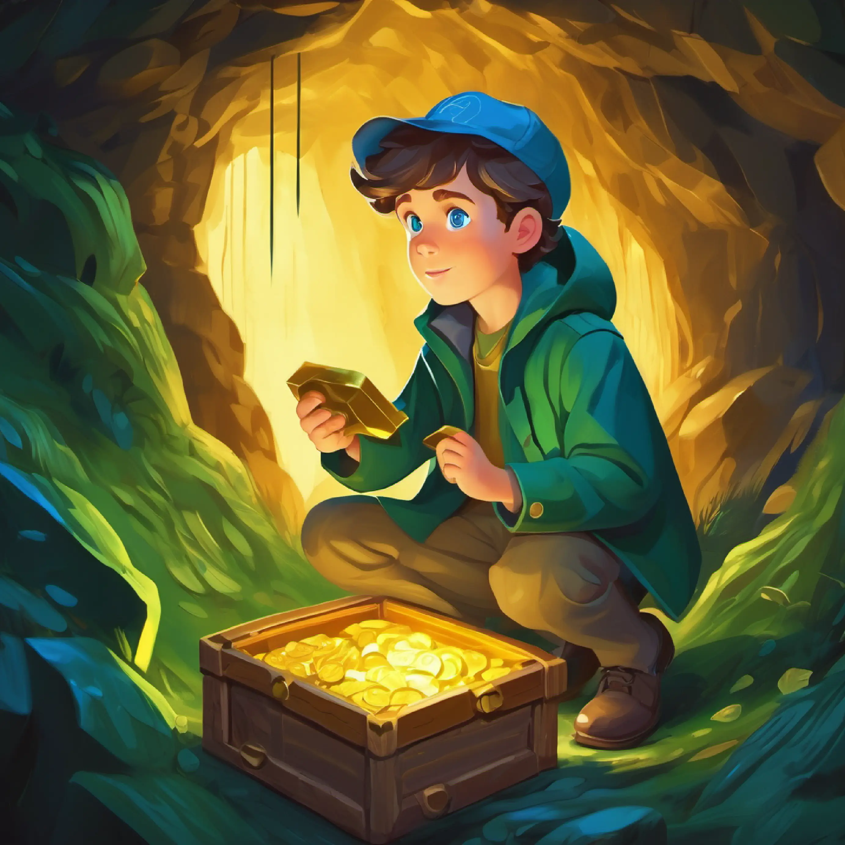 Young detective, blue eyes, loves green coat discovers a riddle in a cave and finds a golden box.