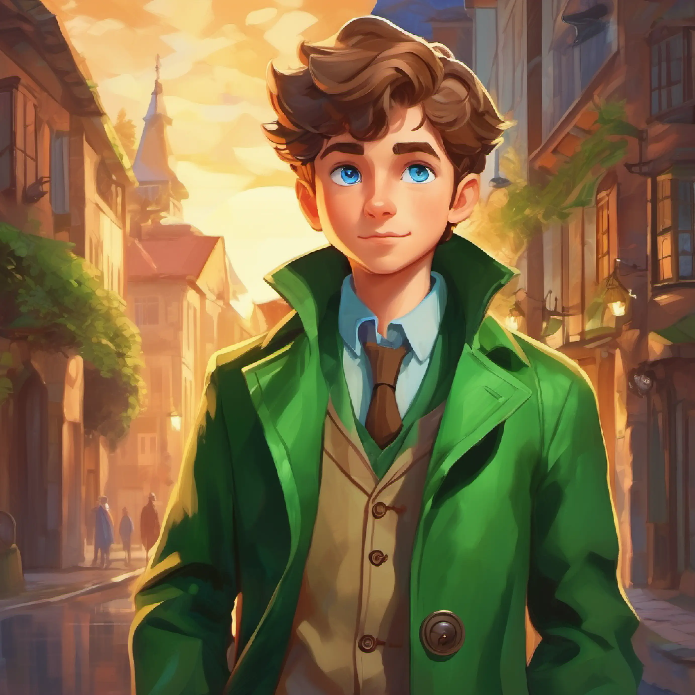 Young detective, blue eyes, loves green coat completes his quest and feels proud of his achievements.