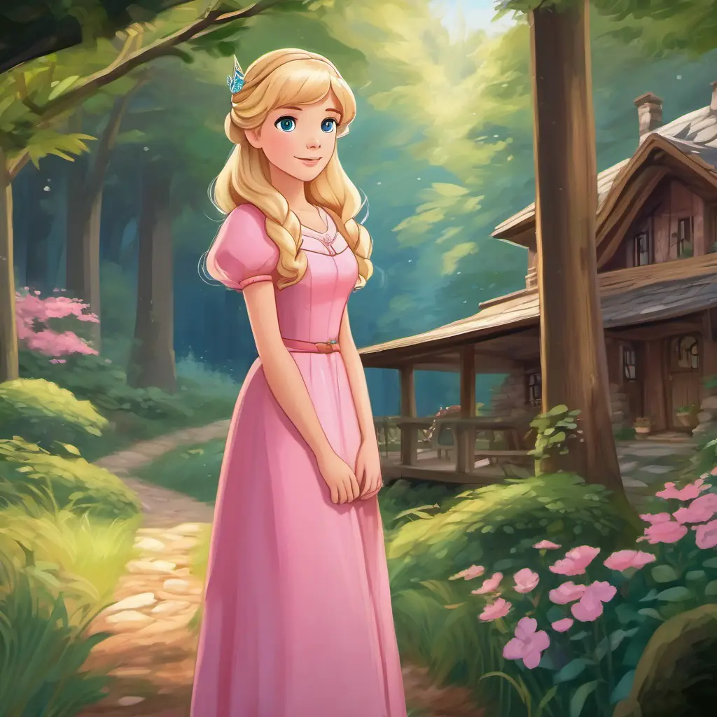 Blond hair, blue eyes, wearing a pink dress and a tiara with blond hair and blue eyes, standing outside her cottage in the woods.