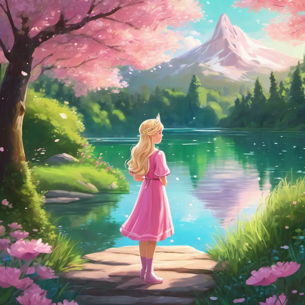 Blond hair, blue eyes, wearing a pink dress and a tiara standing near a sparkling lake surrounded by tall, green trees.