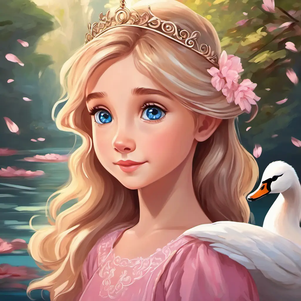 Blond hair, blue eyes, wearing a pink dress and a tiara looking amazed as a beautiful girl with long brown hair and brown eyes appears from the swan.