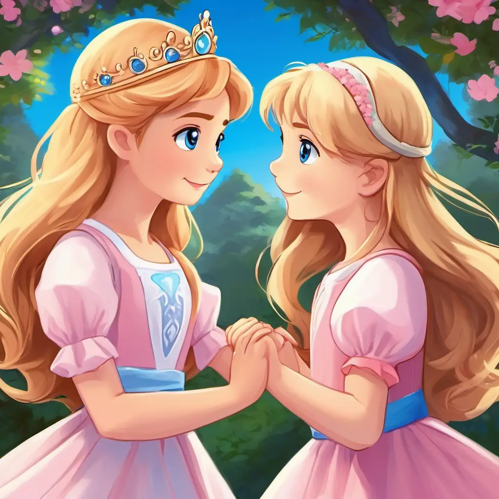 Blond hair, blue eyes, wearing a pink dress and a tiara and Long brown hair, brown eyes, wearing a flowing white dress holding hands and smiling, determined to help each other.
