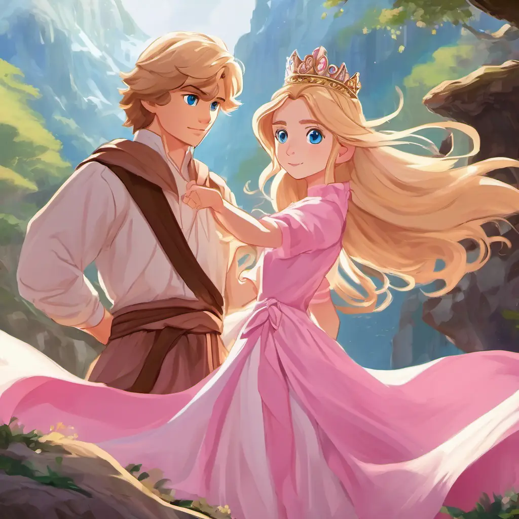 Blond hair, blue eyes, wearing a pink dress and a tiara, Long brown hair, brown eyes, wearing a flowing white dress, and the prince standing together, ready to fight the sorcerer.