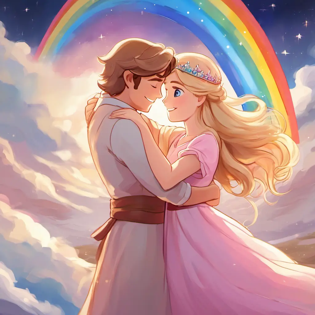 Blond hair, blue eyes, wearing a pink dress and a tiara and Long brown hair, brown eyes, wearing a flowing white dress hugging each other with smiles on their faces, surrounded by a beautiful rainbow.