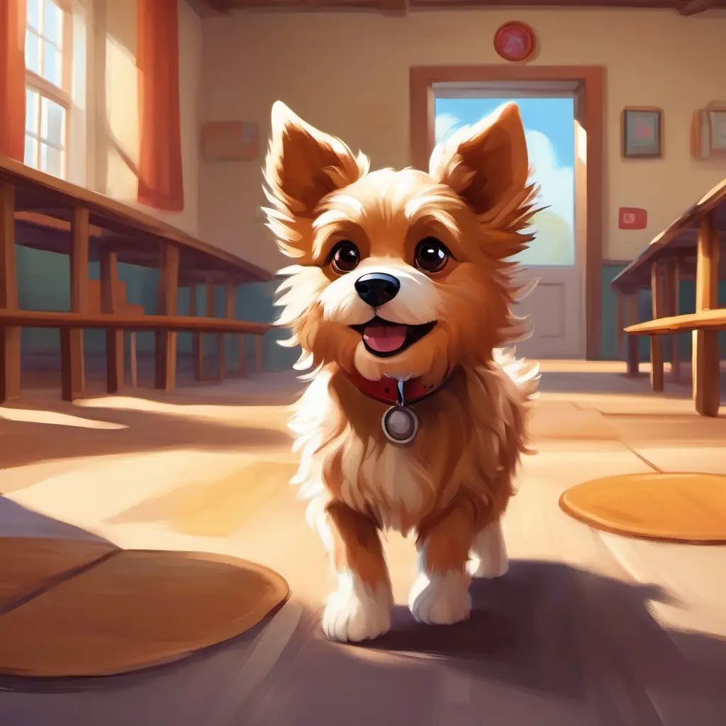 Small, fluffy dog with brown fur and curious brown eyes nervously walks to his new classroom.