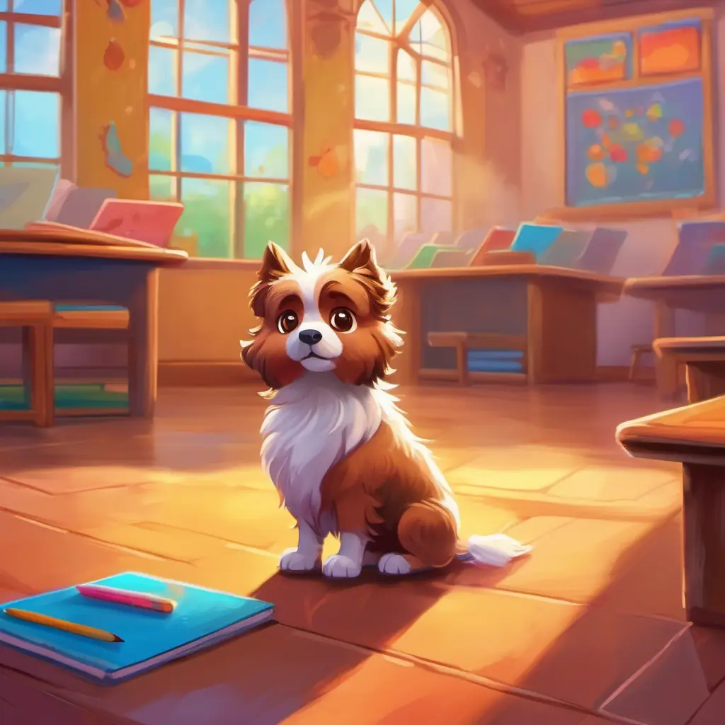 Small, fluffy dog with brown fur and curious brown eyes observes the colorful classroom interior.