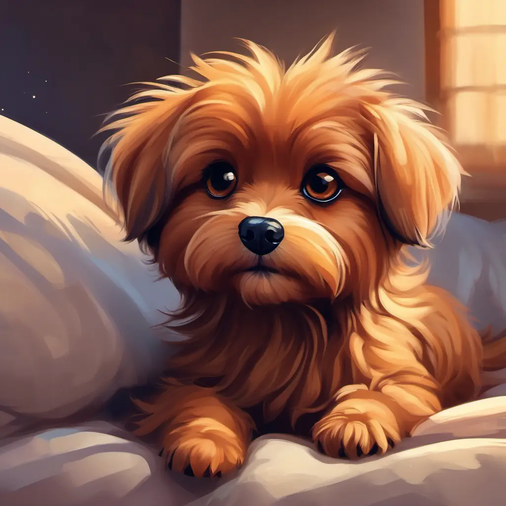 Small, fluffy dog with brown fur and curious brown eyes in bed, contemplating future adventures with hope.