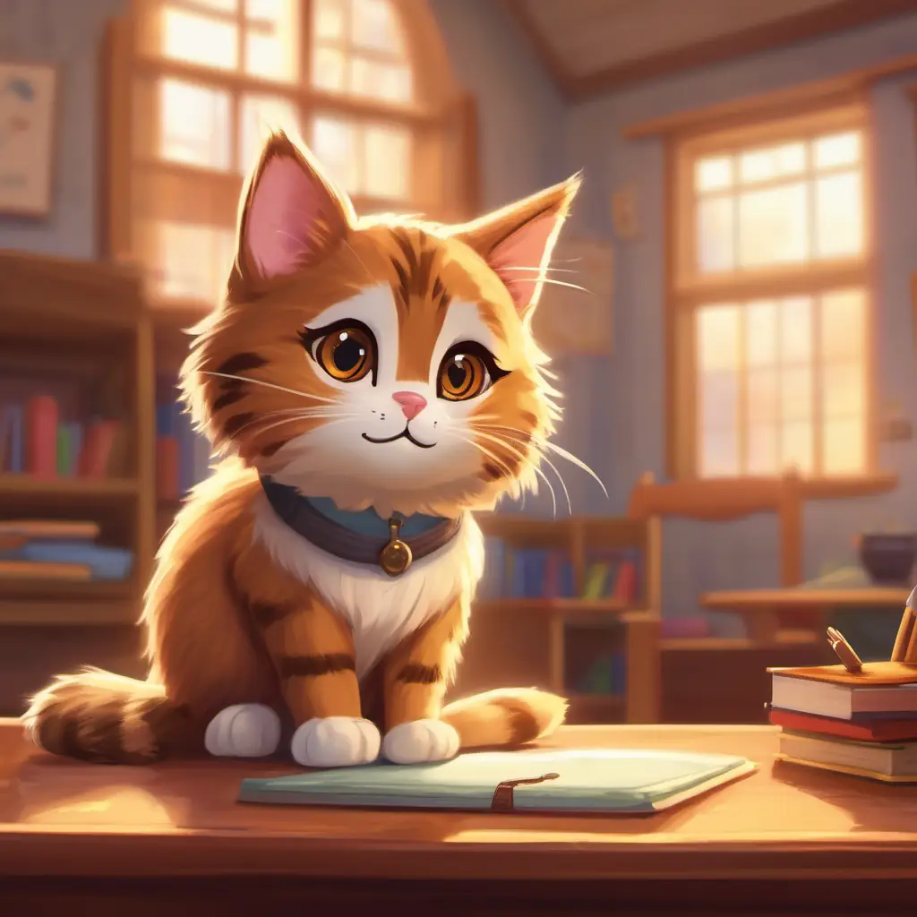 Tabby cat teacher, one eye patched, warm and welcoming welcomes Small, fluffy dog with brown fur and curious brown eyes to the class.