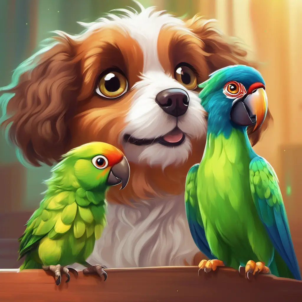 Small, fluffy dog with brown fur and curious brown eyes meets Vibrant green parrot, bright-eyed and cheerful, a fellow newcomer.