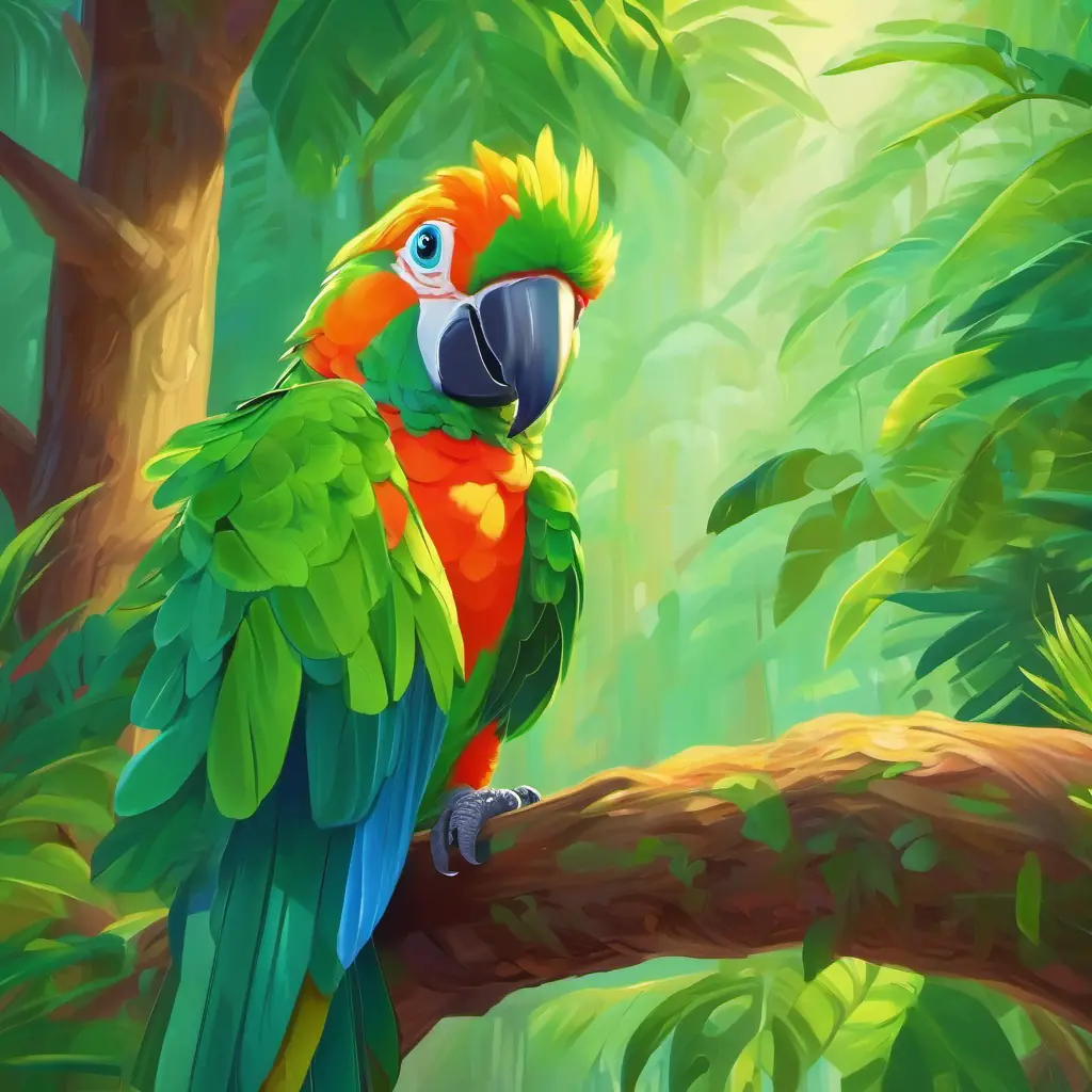 Quiet conversation and reflection time with Vibrant green parrot, bright-eyed and cheerful.