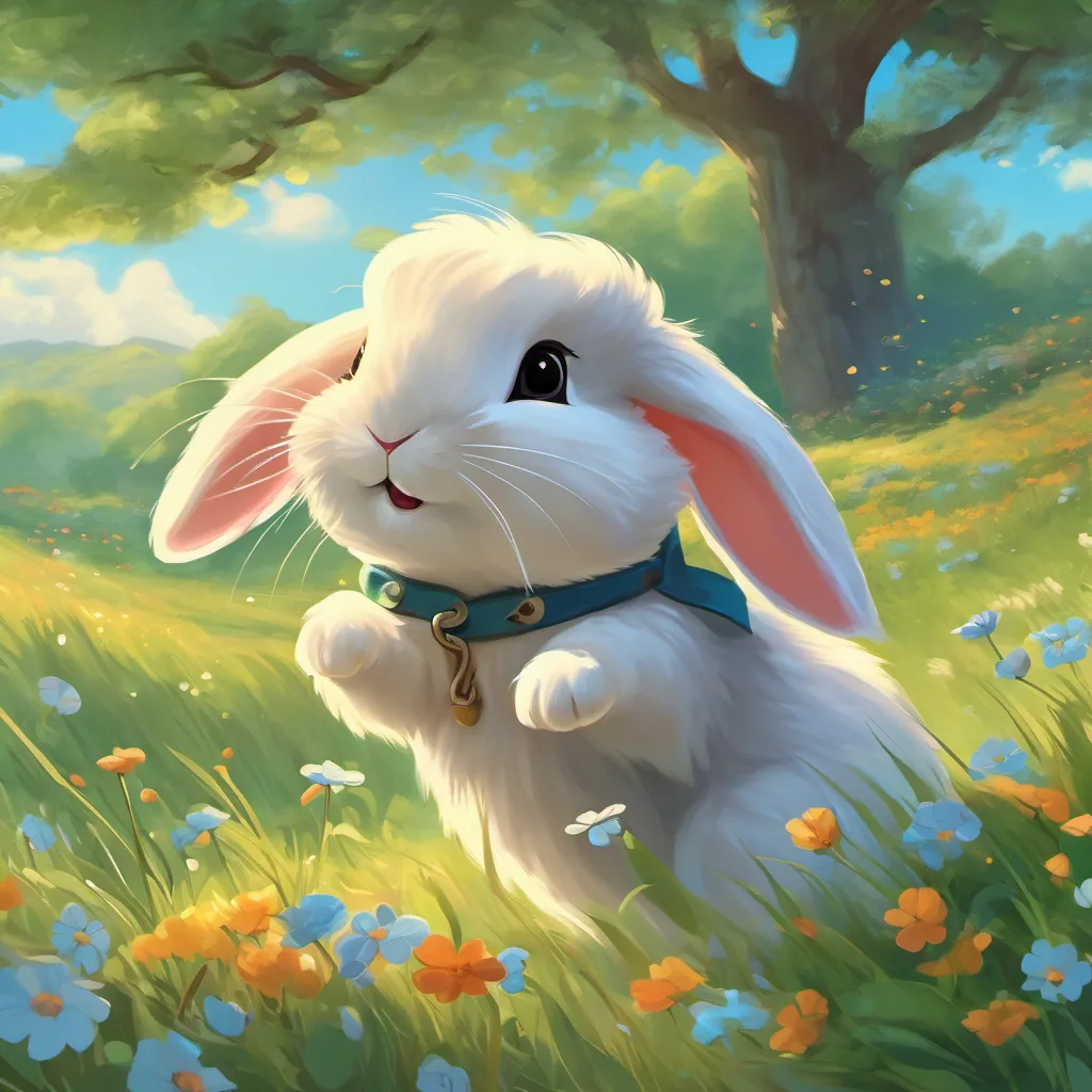 a fluffy little rabbit with a twinkle in her eye hopping in a sunny meadow with blooming flowers and a bright blue sky