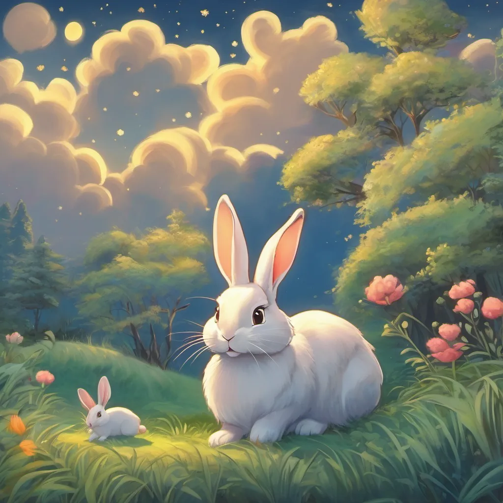 rabbit and her friends under the moonlight in the meadow, with rabbit whispering while looking content