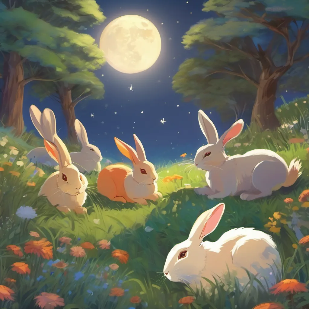 rabbit and her friends sleeping peacefully in the meadow under the moonlight