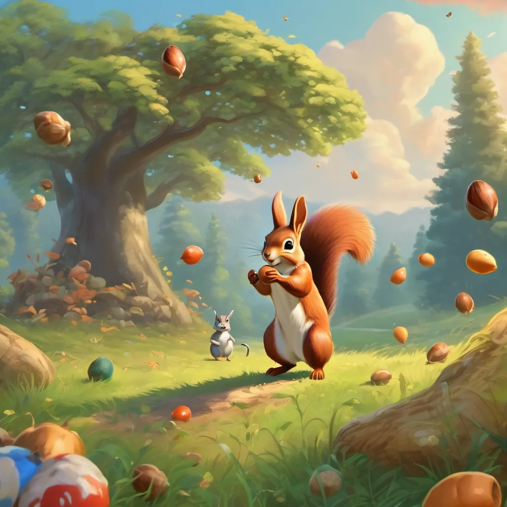 squirrel juggling acorns in the meadow while rabbit watches in amazement