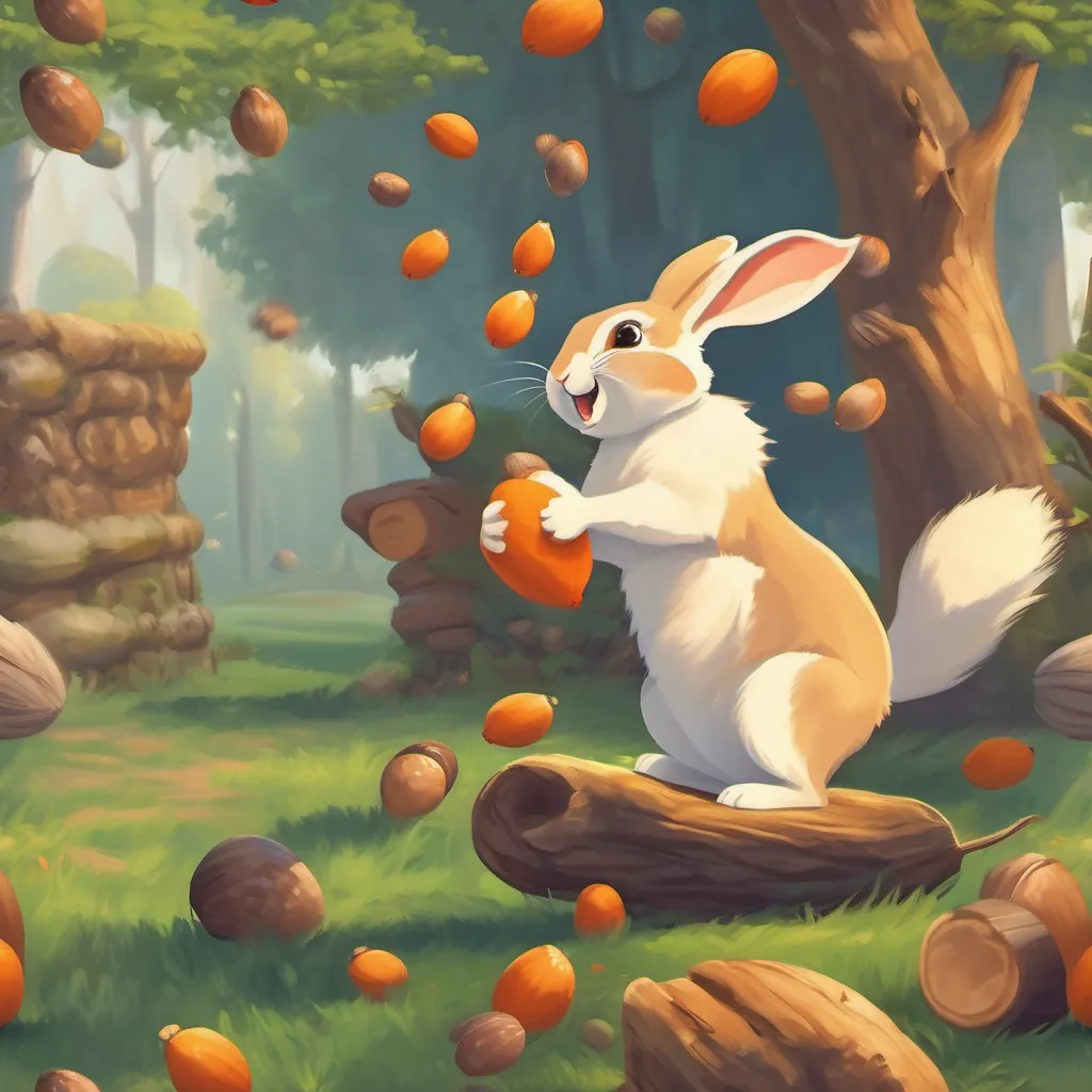 rabbit clapping her paws and pouncing joyfully while watching squirrel juggling acorns