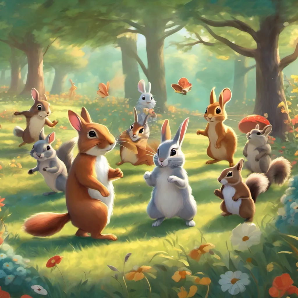 animals including rabbit and squirrel dancing together in the meadow while other animals join them cheerfully
