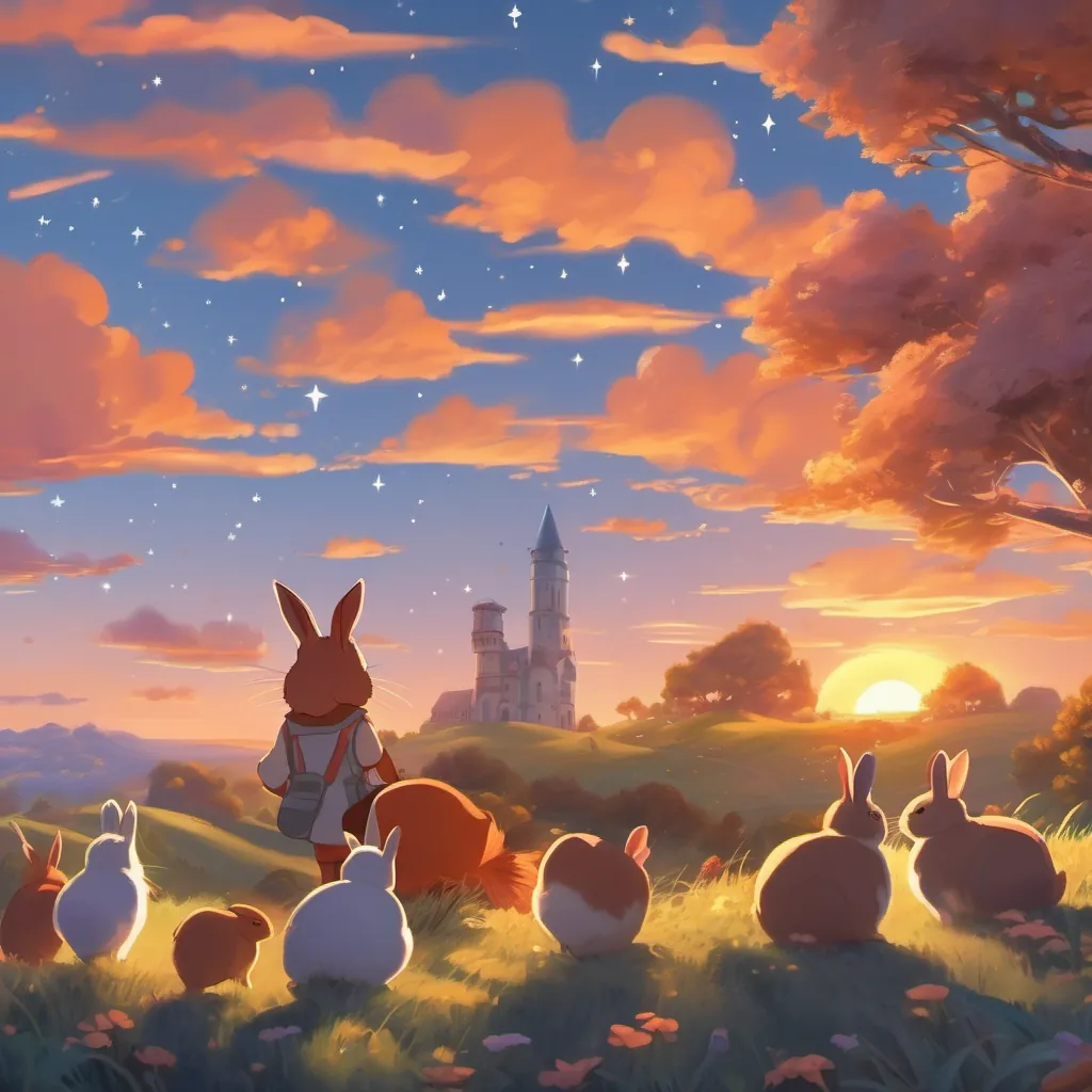 a sunset sky turning orange with stars starting to appear while rabbit and her friends look content and happy
