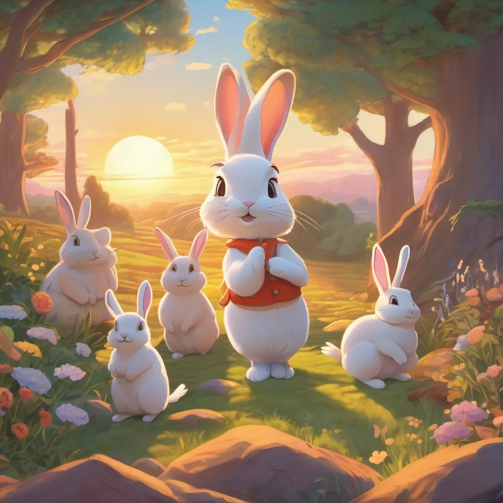 rabbit looking thoughtful and happy surrounded by her friends as the sun sets