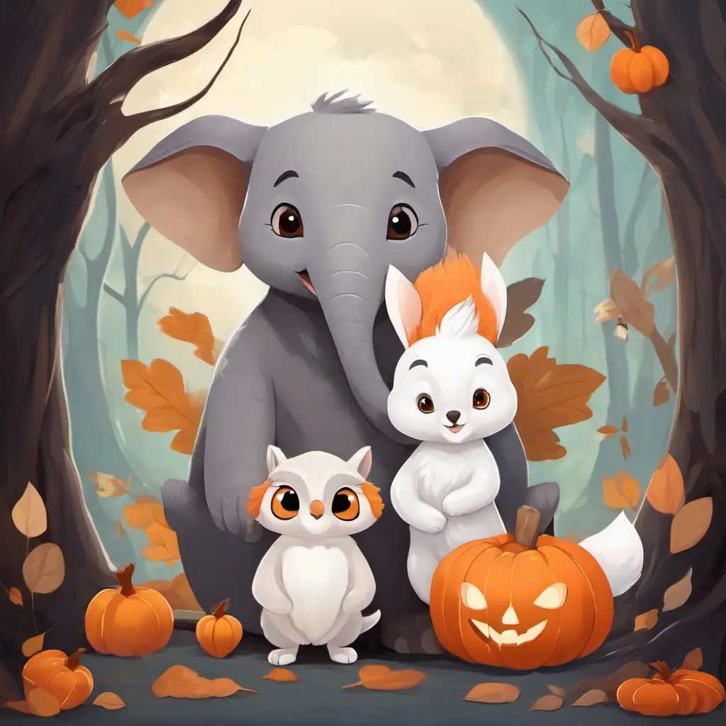 A gray elephant with big floppy ears, A brown squirrel with a bushy tail, A white bunny with soft, fluffy fur, and A brown owl with wise eyes comforting A small fox with orange fur and timid eyes with smiles and warm gestures.