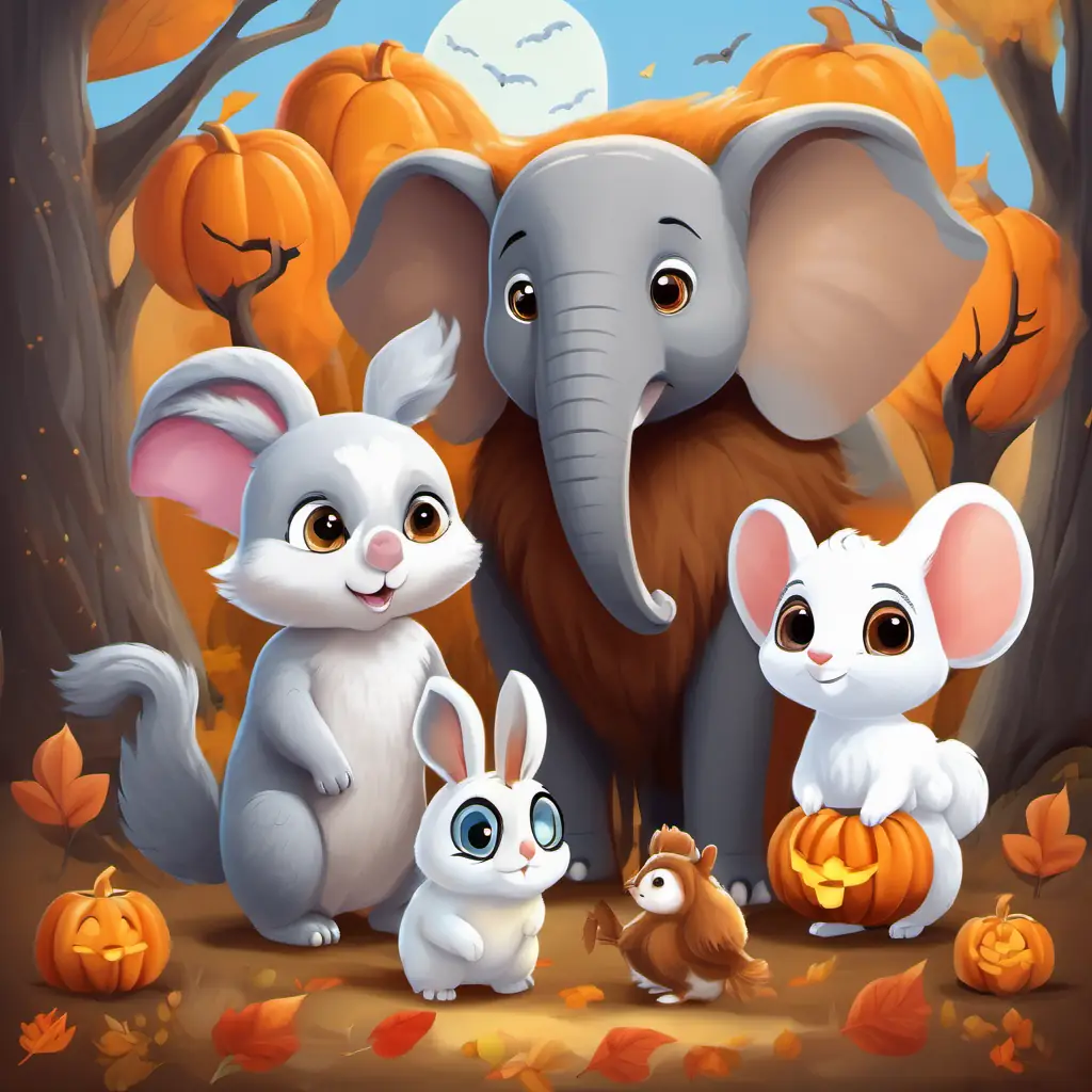 A gray elephant with big floppy ears being brave, A brown squirrel with a bushy tail being playful, A white bunny with soft, fluffy fur being kind, and A brown owl with wise eyes being wise.