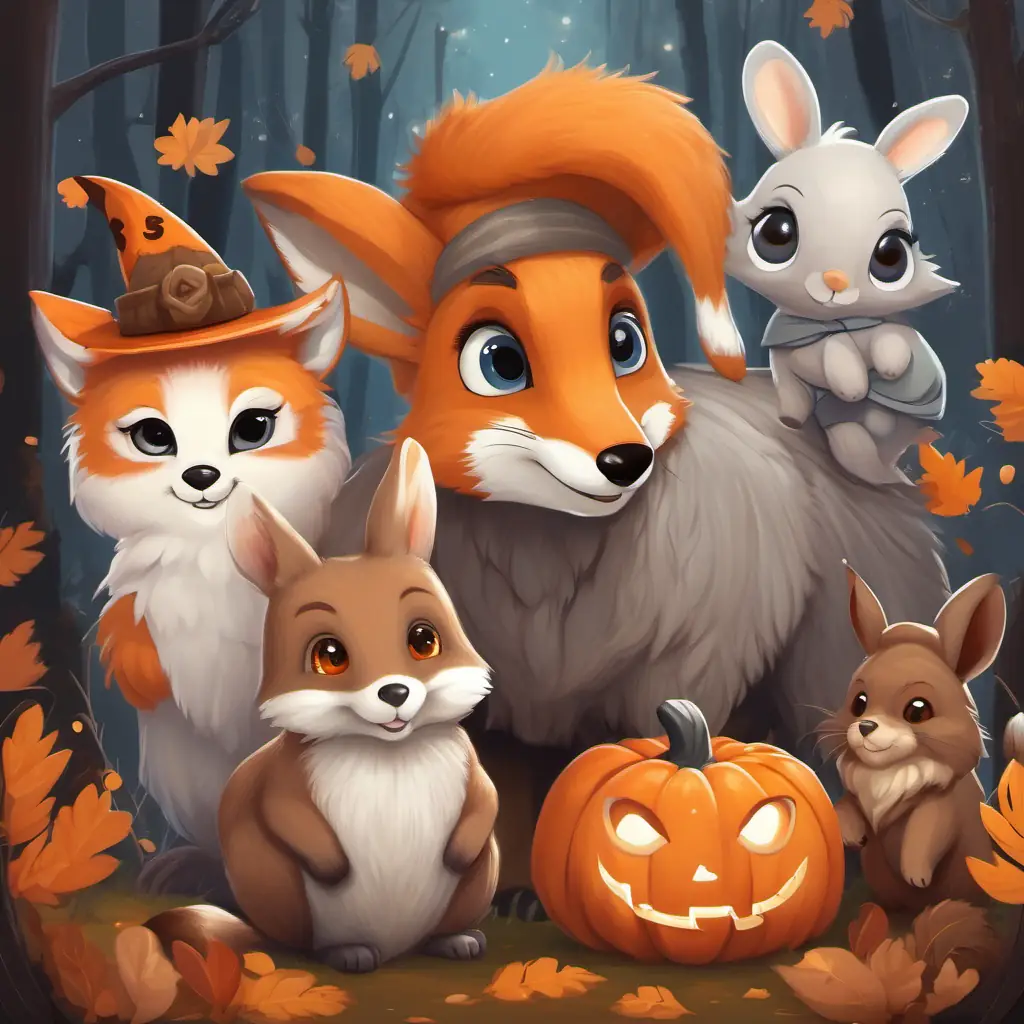 A small fox with orange fur and timid eyes smiling and joining A gray elephant with big floppy ears, A brown squirrel with a bushy tail, A white bunny with soft, fluffy fur, and A brown owl with wise eyes in their fun.