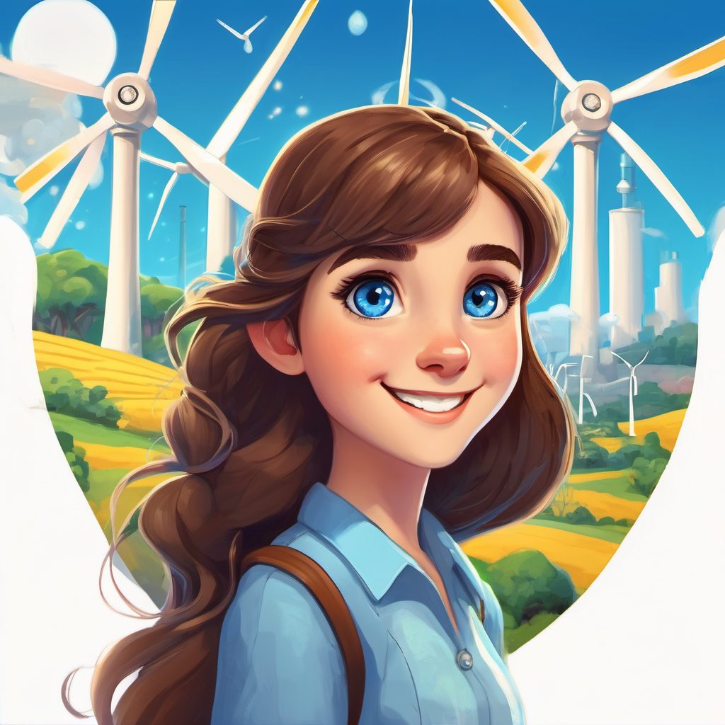 Luna is a girl with brown hair and blue eyes's Renewable Wonderland is a city with wind turbines and solar panels. Luna is a girl with brown hair and blue eyes is happy in her clean energy city.