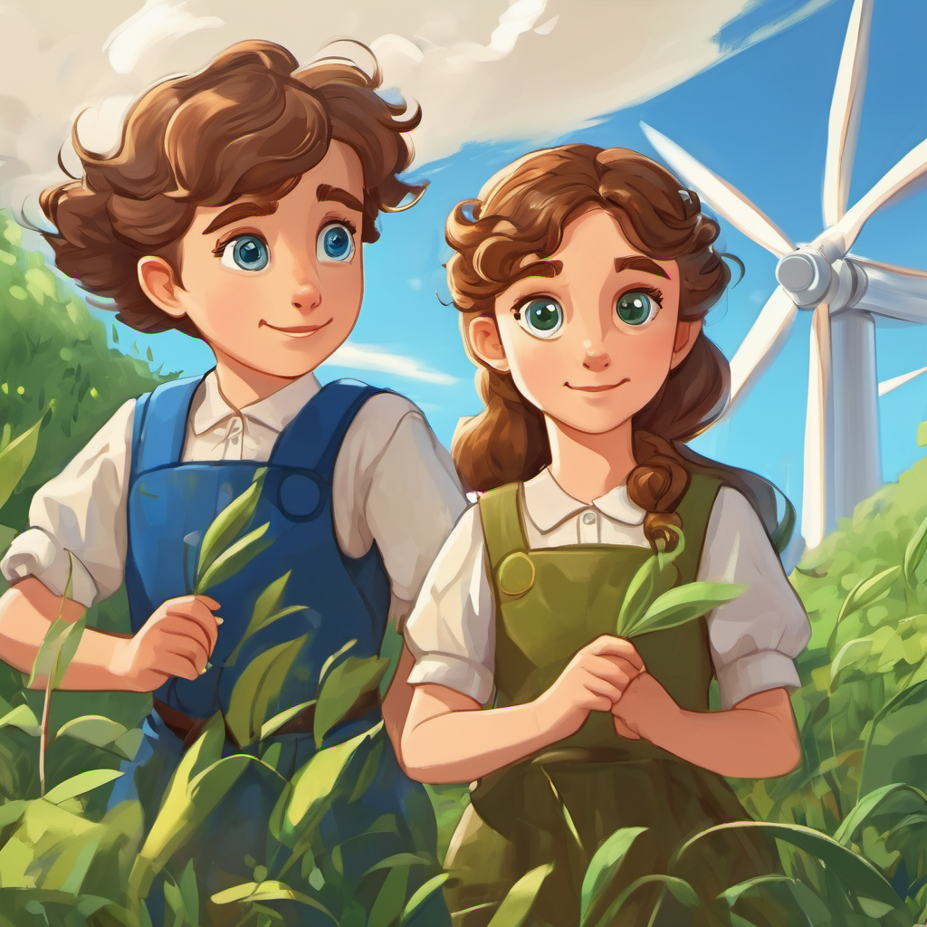 Luna is a girl with brown hair and blue eyes's friend Windy Will is a boy with curly blond hair and green eyes shows her how wind turbines work. Luna is a girl with brown hair and blue eyes is amazed.