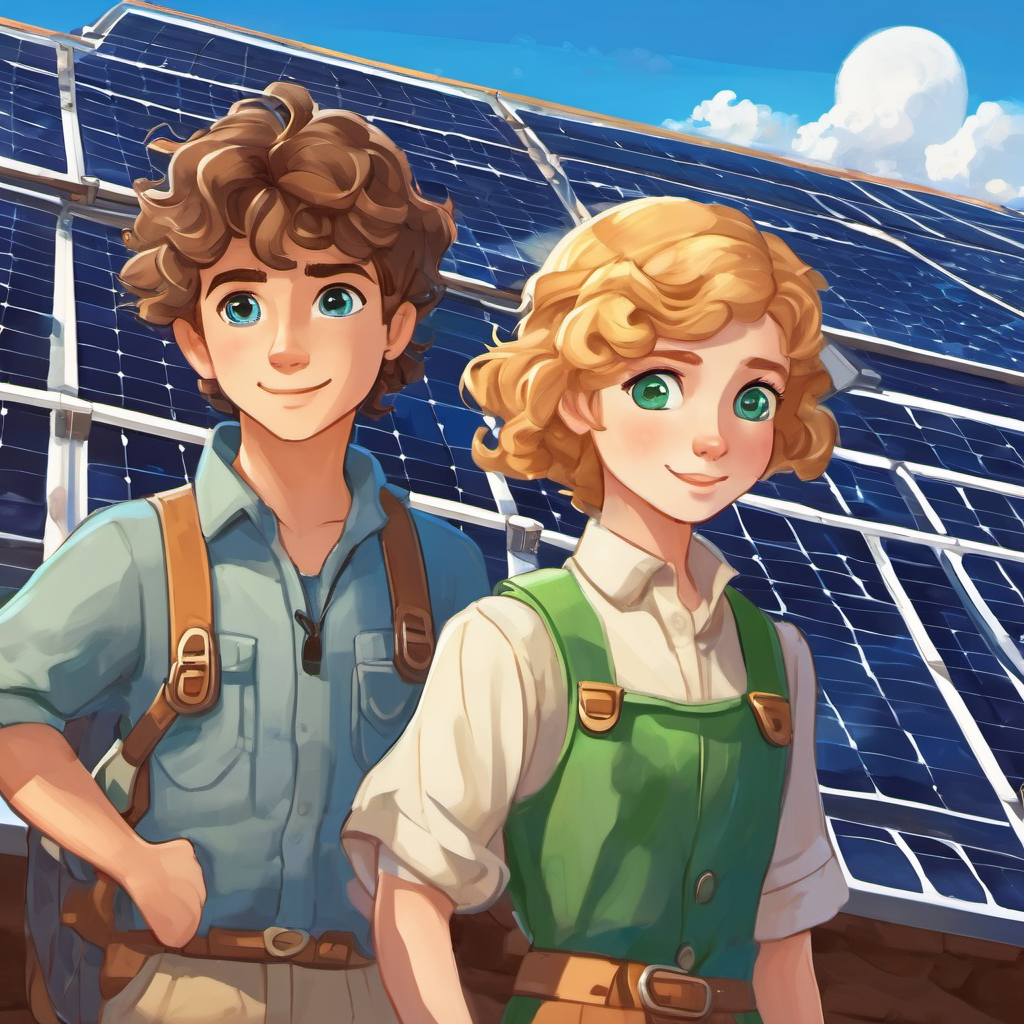 Luna is a girl with brown hair and blue eyes and Windy Will is a boy with curly blond hair and green eyes visit the solar panels. The panels shine with the sunlight.