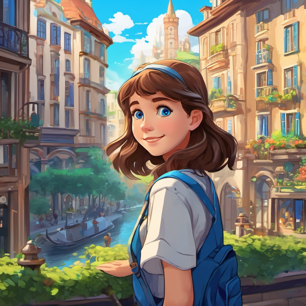 Luna is a girl with brown hair and blue eyes's city is a place where nature and technology work together for a greener tomorrow. Luna is a girl with brown hair and blue eyes is proud.