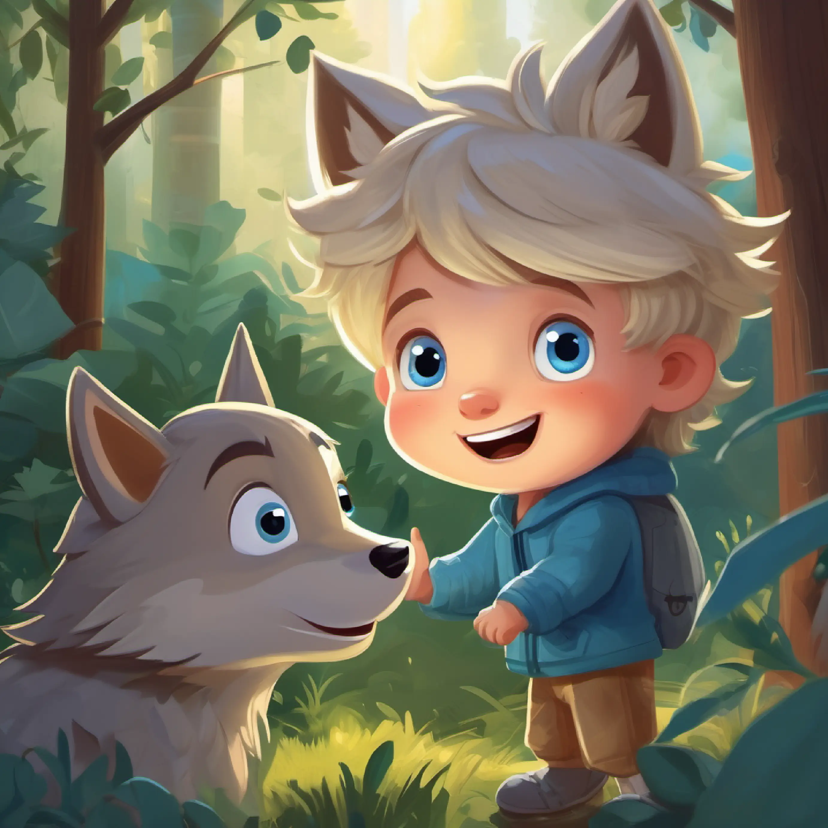 A little blonde boy with blue eyes, loves adventures playing hide and seek with A big grey wolf with friendly eyes, playful and kind
