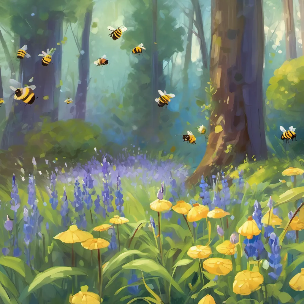 A friendly bumblebee with bright stripes buzzing around vibrant bluebells in a whimsical garden.