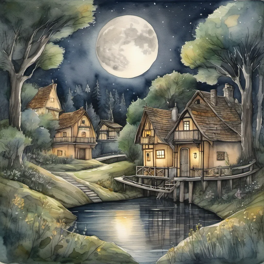 A small cozy village surrounded by an enchanting forest with a full moon illuminating the night sky.