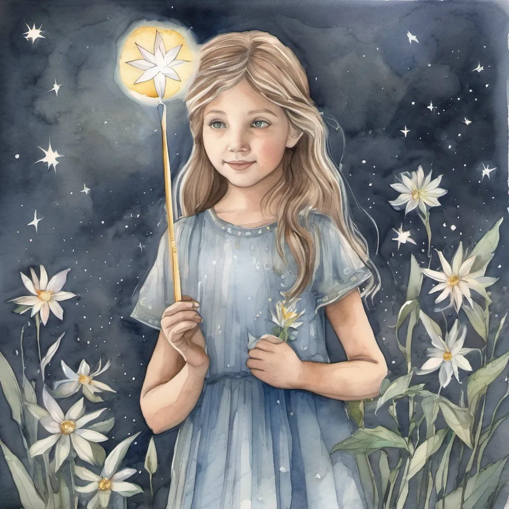 A magical Starflower glowing brightly under the moonlight with A young girl with a kind heart and curious eyes, wearing a simple dress and holding a glowing starflower gazing at it in wonder.